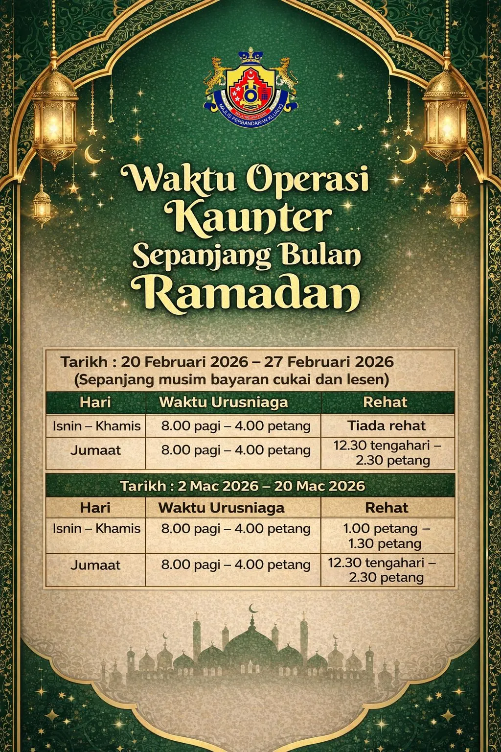 Counter Operating Hours Throughout the Month of Ramadan